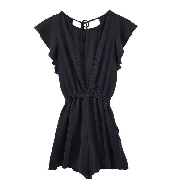 Aritzia‎ Wilfred Fleurette Romper Size XS Black Open Back Short Flutter Sleeves - Picture 6 of 13